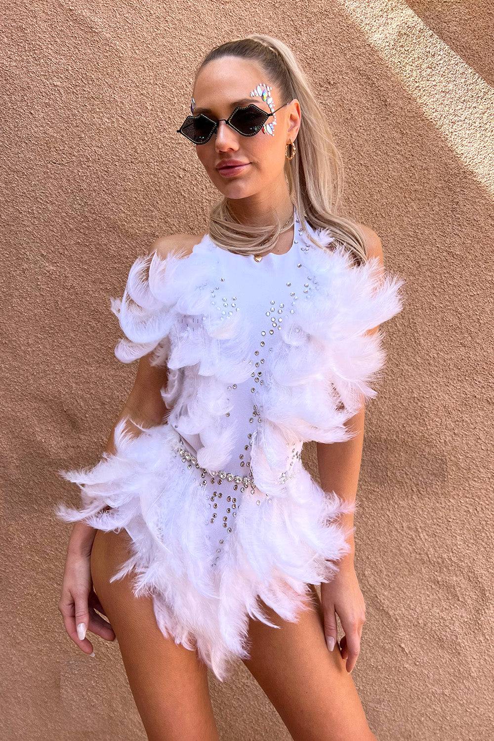 Lia feather rhinestone bodysuit white - Image 8